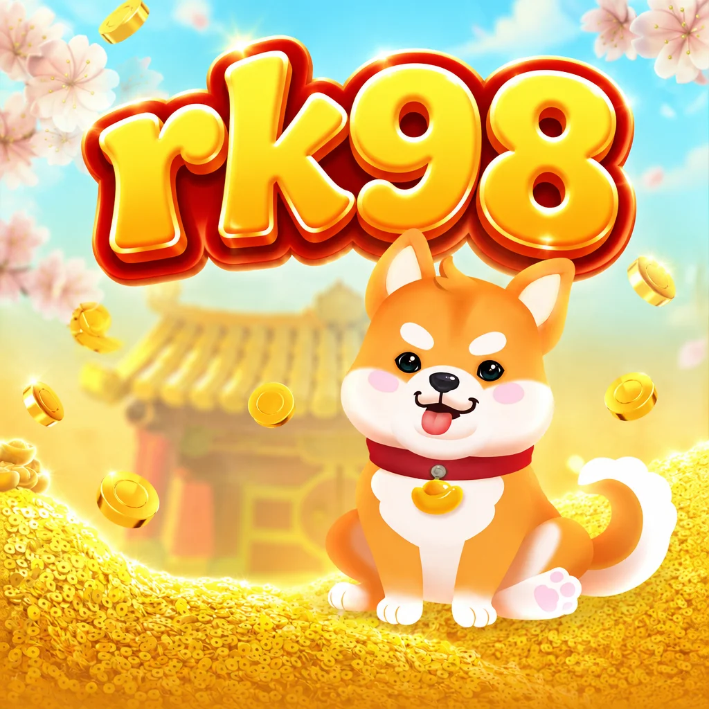 rk98 memperlihatkan karakter anjing shiba inu lucu dengan tumpukan koin emas dalam Win Win Won